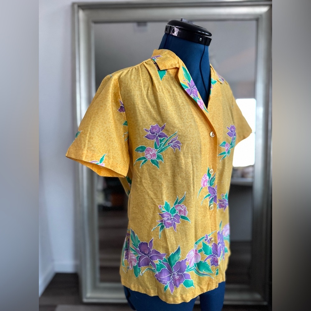 Vintage Hilo Hattie Yellow Hawaiian Shirt Vacation Beach Cruise Women's Size M